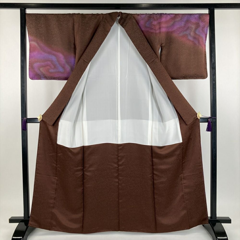 中古）久保田一竹 訪問着 茶 臙脂色 紫色 フォーマル 金通し 染め