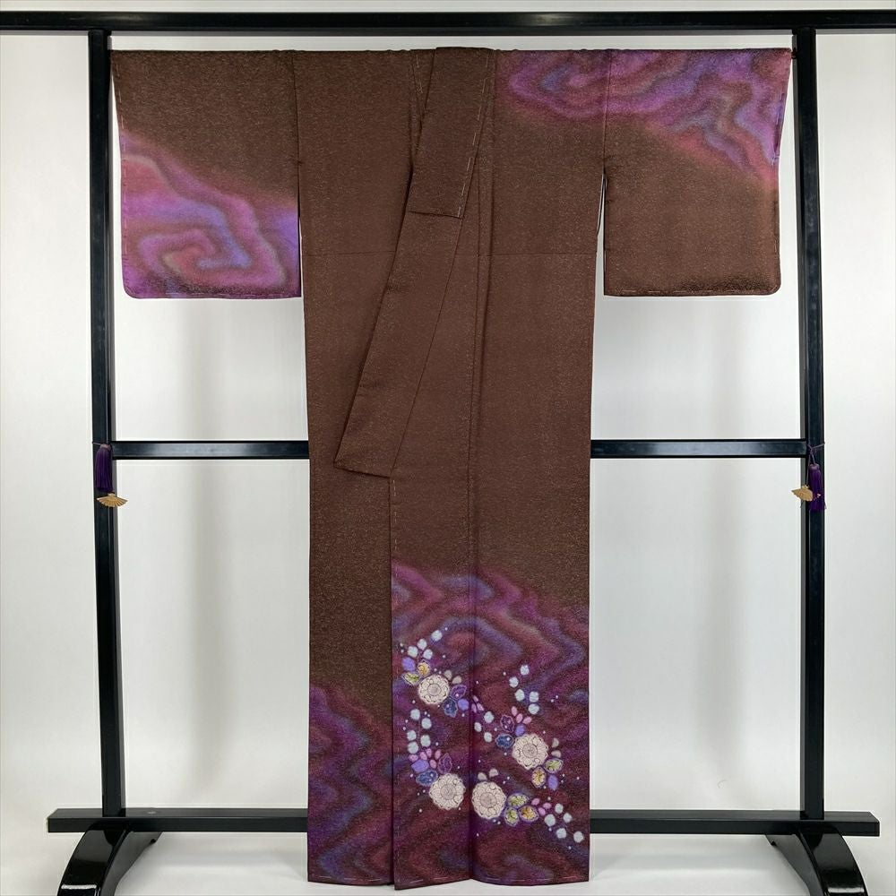 中古）久保田一竹 訪問着 茶 臙脂色 紫色 フォーマル 金通し 染め