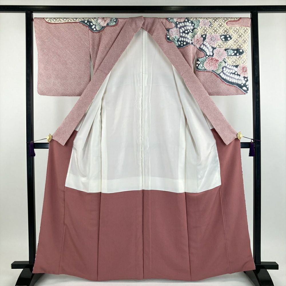 中古）きぬたや 訪問着 ピンク 紅梅色 フォーマル 総絞り 花 霞に花菱