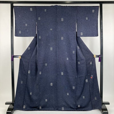 中古） 藤林徳扇 小紋 紺色 カジュアル ちりめん 染め たたき 蒔糊 
