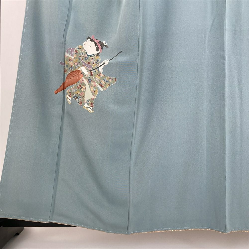 中古) 初代由水十久 訪問着 水色 浅葱色 フォーマル ちりめん 染め 中古) 初代由水十久 訪問着 水色 浅葱色 フォーマル ちりめん 染め