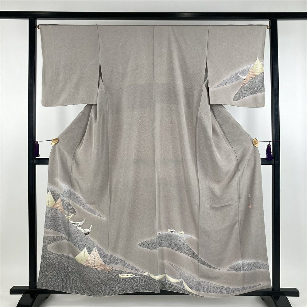 ★正絹★新品・未使用品★裄６８㎝★グレー基調に辻が花★ 訪問着 身丈165cm 裄丈66cm M 袷 鈴乃屋 辻が花 ぼかし 水色 正絹 名品