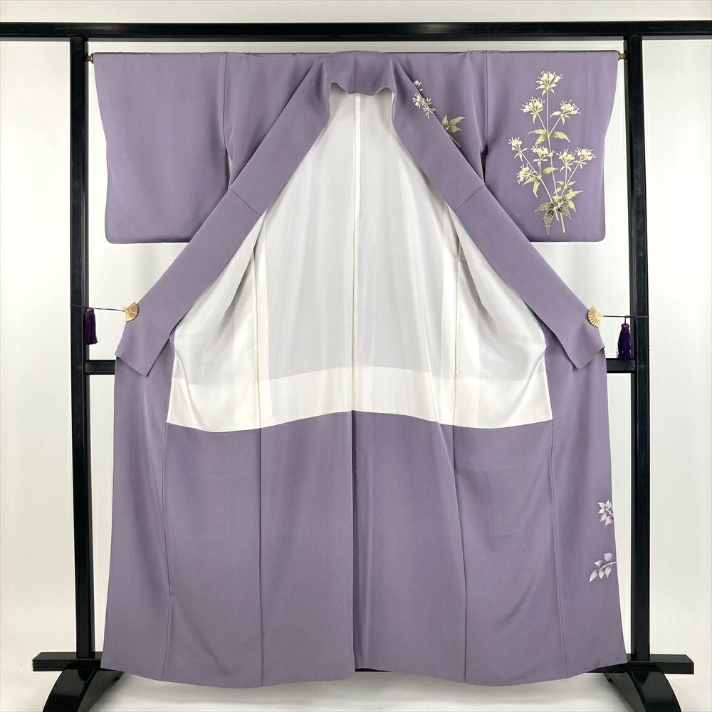 新品未使用 しつけ糸付 クリーニング済 小紋 薄紫 中古）小紋 紫 ポリエステル 洗える 菊 桜 絣 袷 SS【身丈】146.5cm