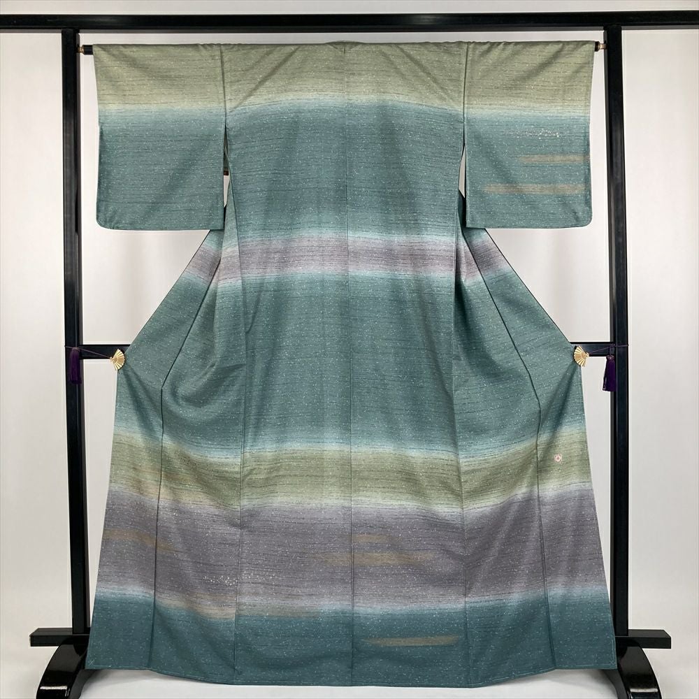 中古）特撰牛首紬 訪問着 緑色 セミフォーマル 横段ぼかし染め 金彩 蒔