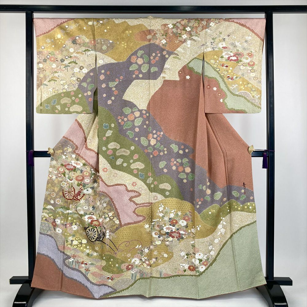 中古） 特撰京友禅 松井青々 訪問着 珊瑚色 マルチカラー セミ