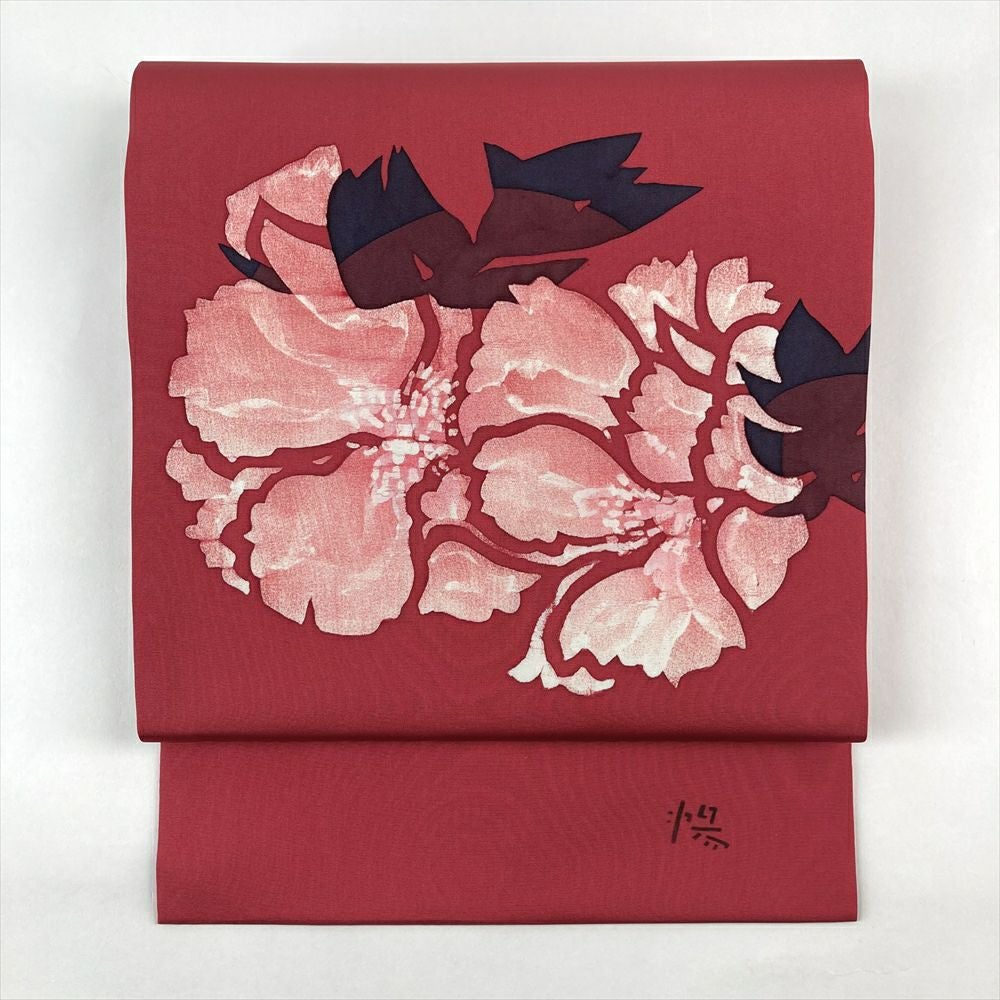 MO-3333 名古屋帯 型染め 菊の花模様 縮緬 暗紅色 名古屋帯 九寸 正絹 未使用 型染め 縮緬 菊 乱菊 全通柄 薄ベージュ