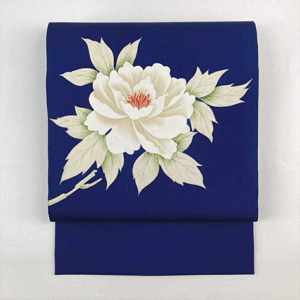 中古）九寸名古屋帯 オレンジ地 名古屋仕立て 金銀糸 扇面 菊