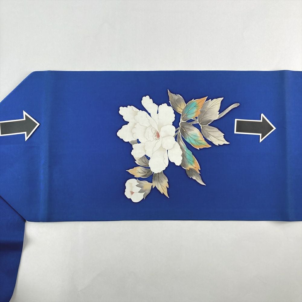 中古）名古屋帯 紺 カジュアル 名古屋仕立て 塩瀬 染め 金彩 牡丹