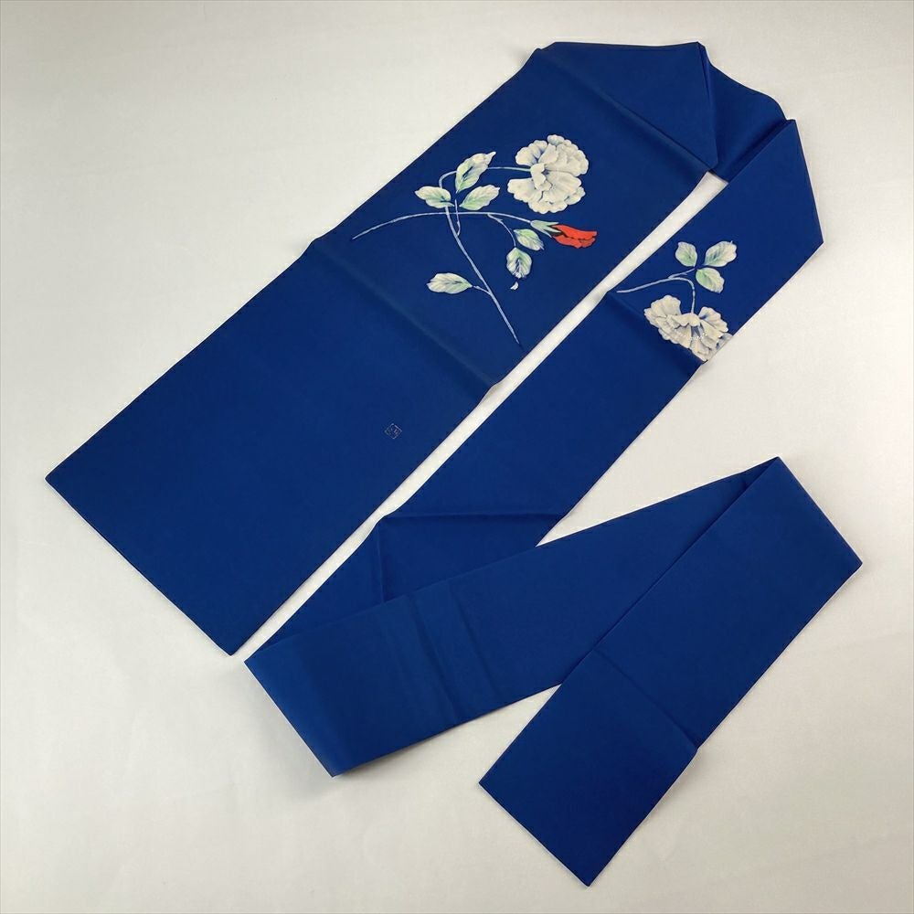 中古）名古屋帯 青色 カジュアル 名古屋仕立て 塩瀬 染め 花葉