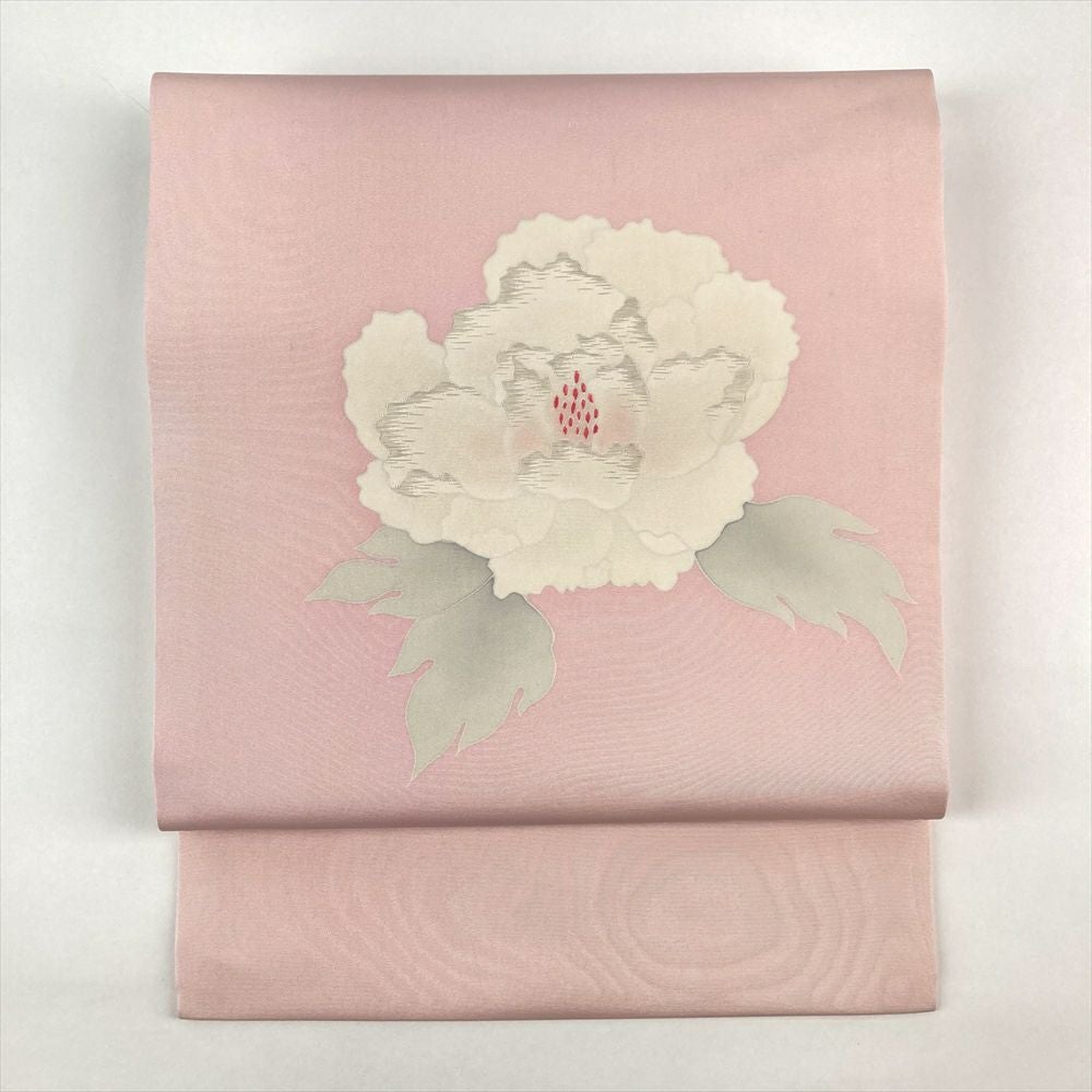 中古）名古屋帯 ピンク色 カジュアル 名古屋仕立て 塩瀬 染め 刺繍 牡丹