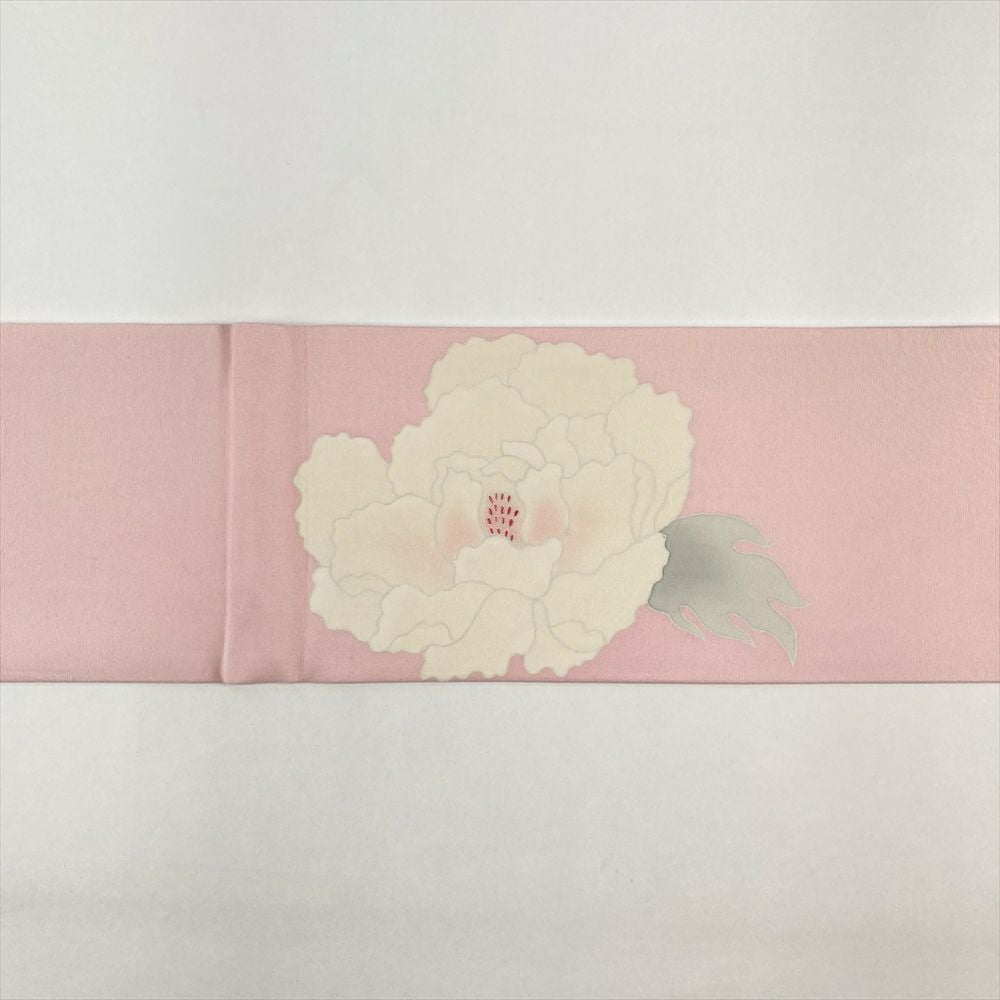 中古）名古屋帯 ピンク色 カジュアル 名古屋仕立て 塩瀬 染め 刺繍 牡丹
