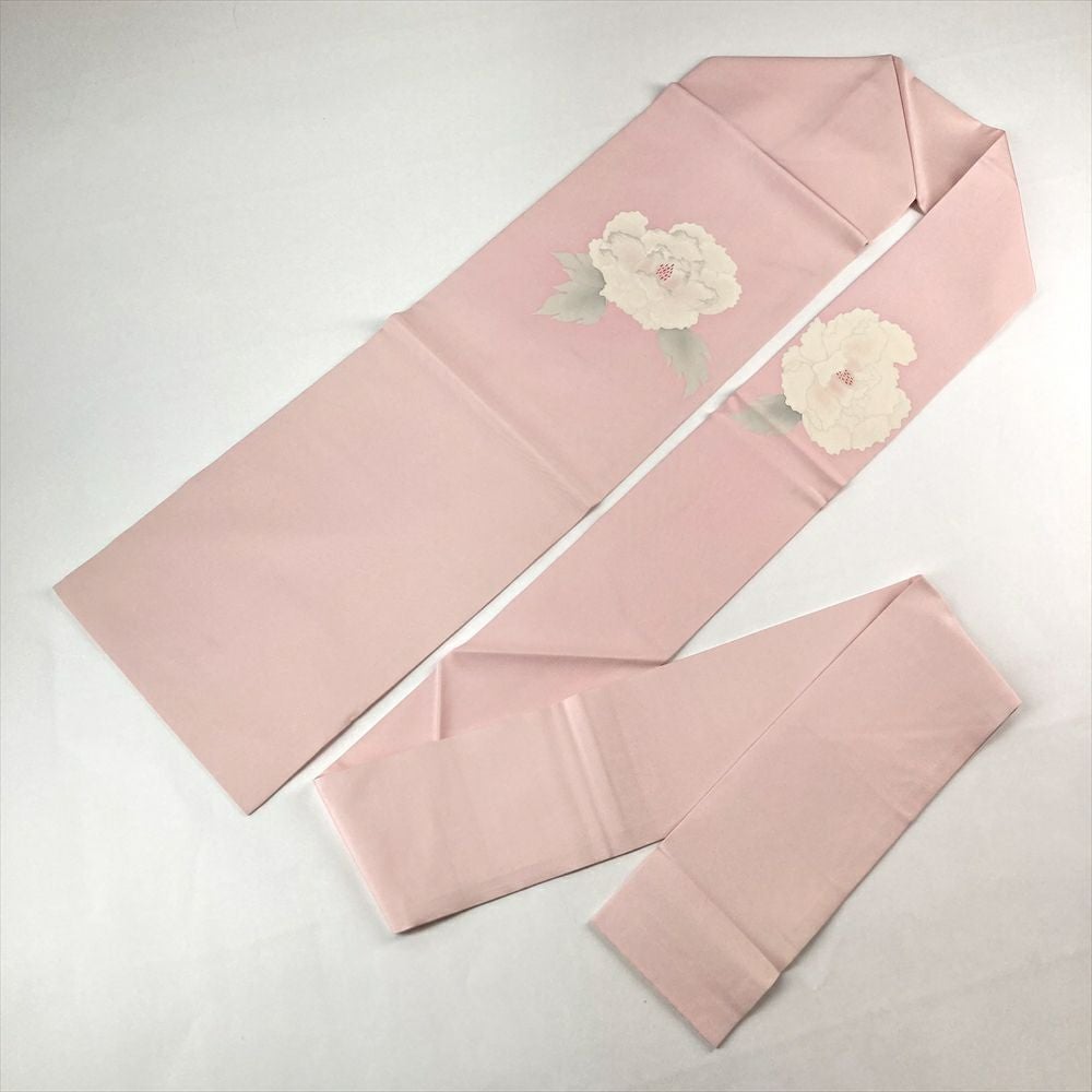 中古）名古屋帯 ピンク色 カジュアル 名古屋仕立て 塩瀬 染め 刺繍 牡丹
