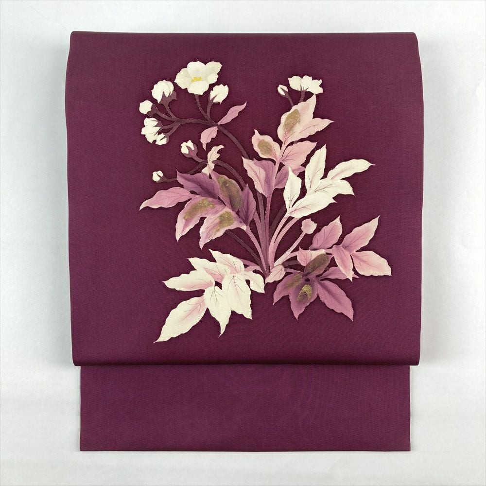 中古）名古屋帯 紫 カジュアル 名古屋仕立て 塩瀬 染め カトレア