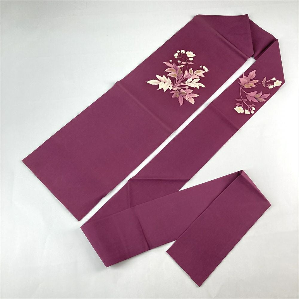 中古）名古屋帯 紫 小豆色 カジュアル 名古屋仕立て 塩瀬 染め 金彩 花葉