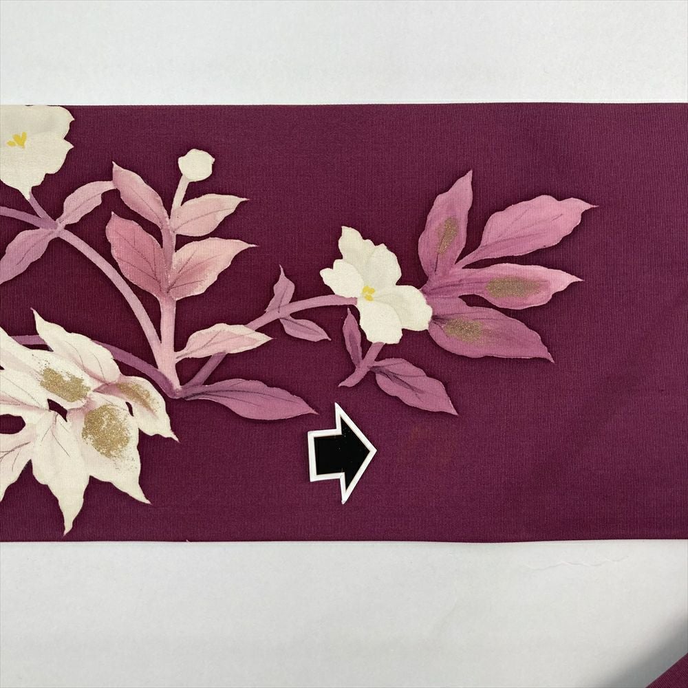 中古）名古屋帯 紫 小豆色 カジュアル 名古屋仕立て 塩瀬 染め 金彩 花葉