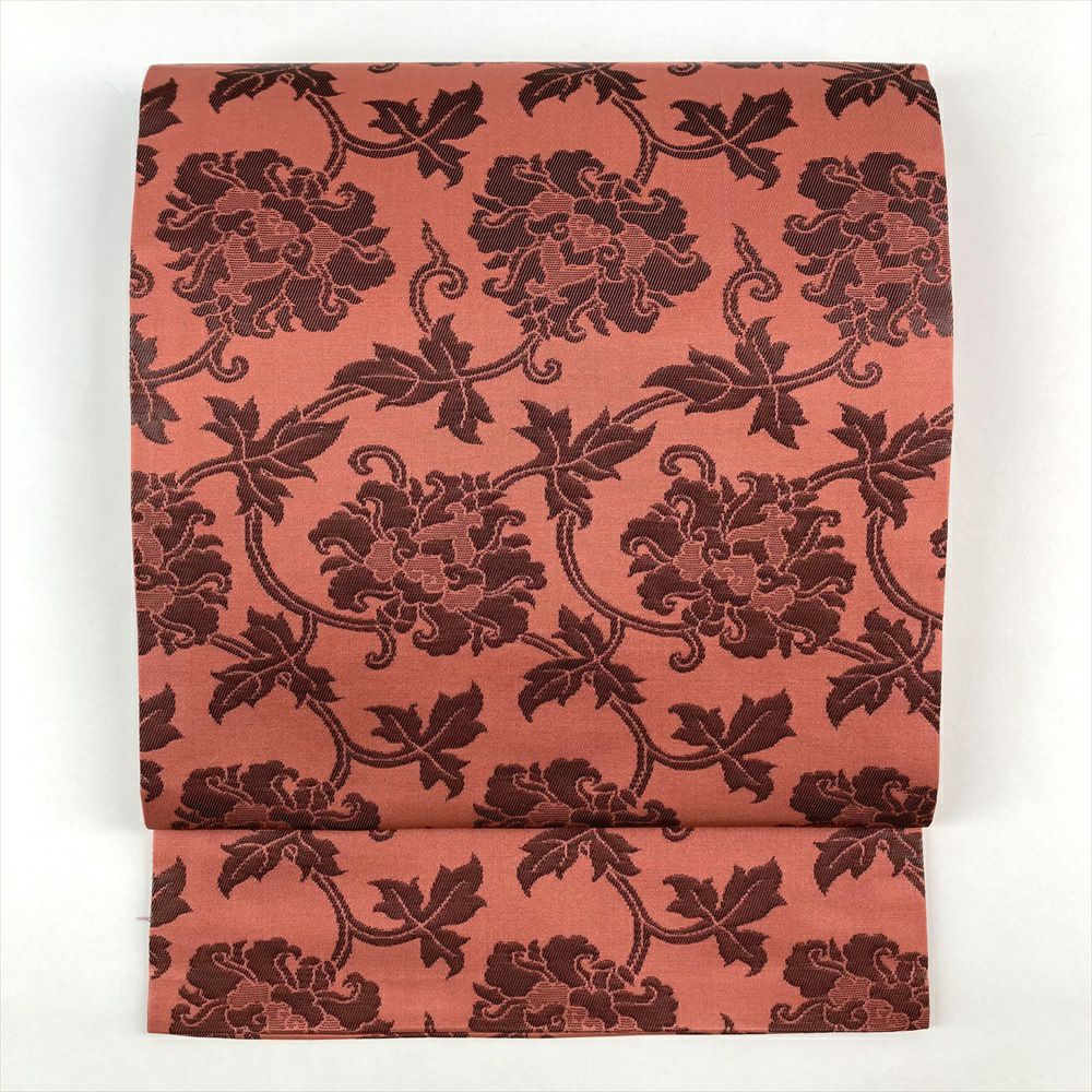 2/4まで!sale再ゝ値下げしました。控えめな金糸使用、 長尺 名古屋帯 中古）名古屋帯 赤 臙脂色 カジュアル 名古屋仕立て 金糸 色糸 花葉