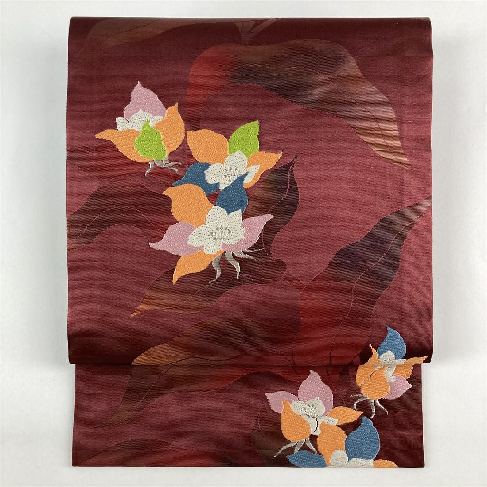 5MNA888 美品！ 名古屋帯 赤 綺麗感 着物 お太鼓柄 正絹名古屋帯 「赤色 椿」 お仕立て上がり名古屋帯 お太鼓柄 洒落帯 九
