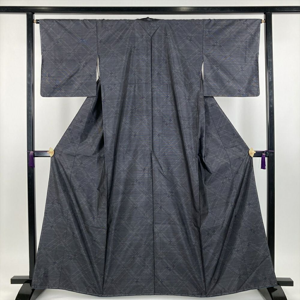 中古） 大島紬 紺 カジュアル 雲に花の丸文様 袷 絹 【身丈】159cm【裄