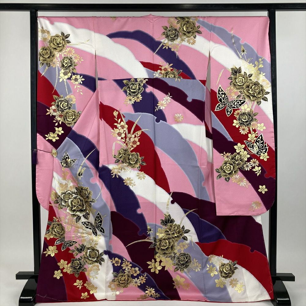 中古）振袖 ピンク 金彩 牡丹 四季の草花 ヴィンテージ 袷 S【身丈