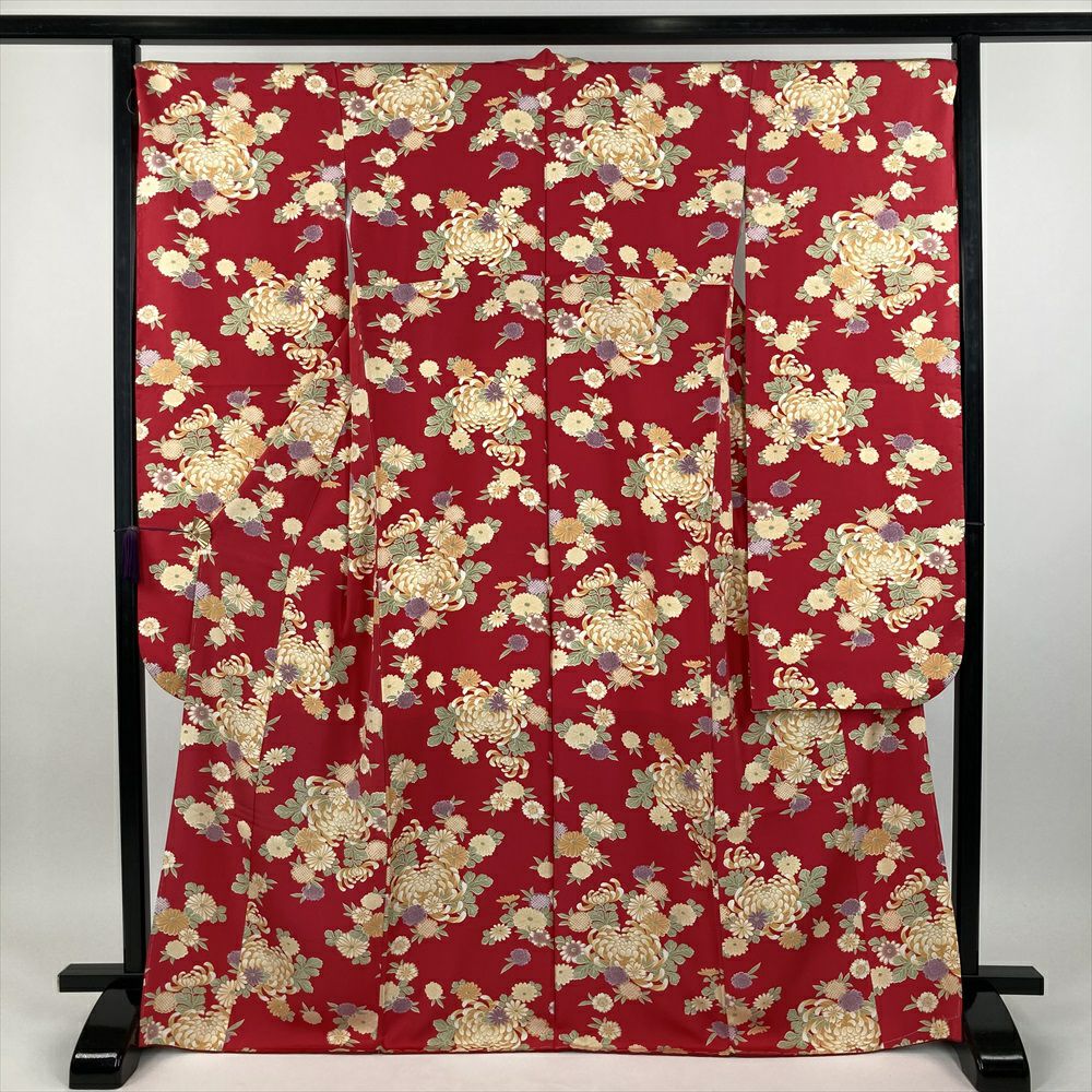 中古）振袖 赤 金彩 刺繍 霞取り 四季の草花 蝶 袷 S【身丈】158.5cm