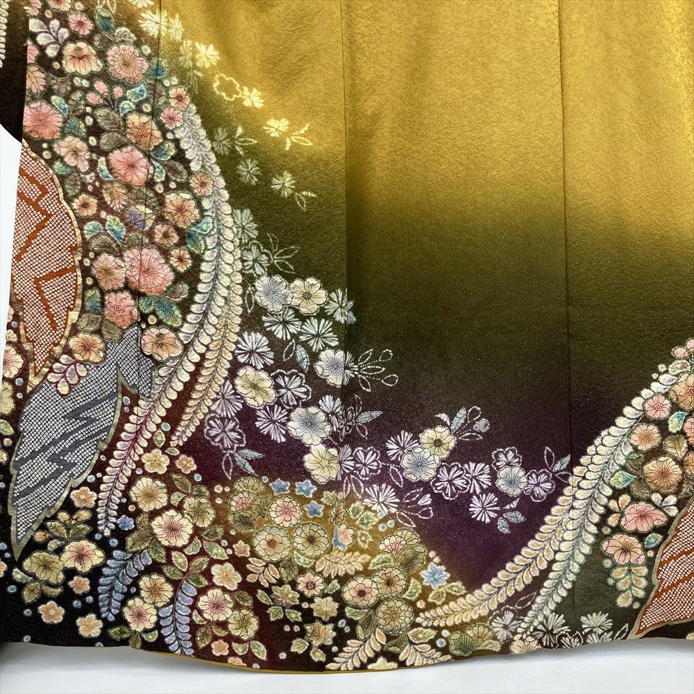 F5 橘の花模様 金駒刺繍 金彩 縮緬 山吹色 袷 正絹 成人式 振袖襦袢セット F5 橘の花模様 金駒刺繍 金彩 縮緬 山吹色 袷 正絹 成人式 振袖襦袢