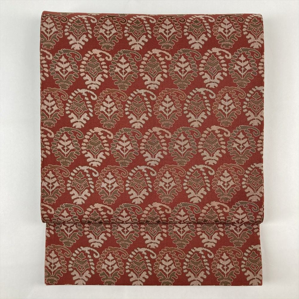 中古）京袋帯 赤茶色 カジュアル 全通 織り 天平文 オリエンタル