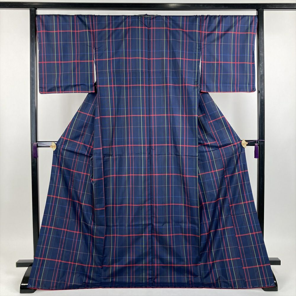 中古） 紬 紺色 カジュアル 織り 格子柄 袷【身丈】169cm【裄丈】70cm