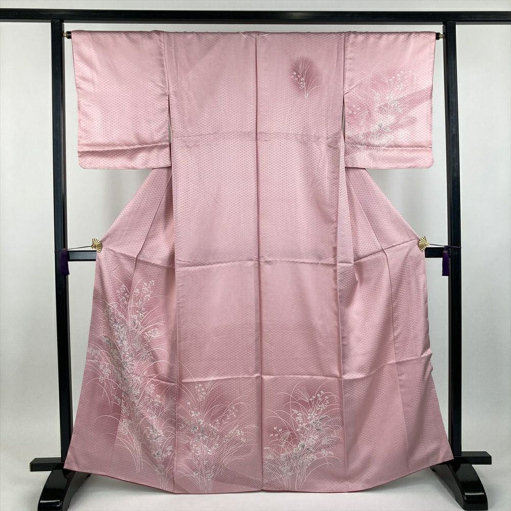 訪問着　グレー　ピンクの花　セミフォーマル　家紋あり　フォーマル 中古） 訪問着 くすみピンク グレー セミフォーマル 冊子文 雪輪 四季