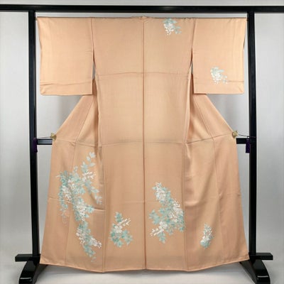 中古） 訪問着 オレンジ 薄珊瑚色 セミフォーマル 染め 白い蔓花 袷 