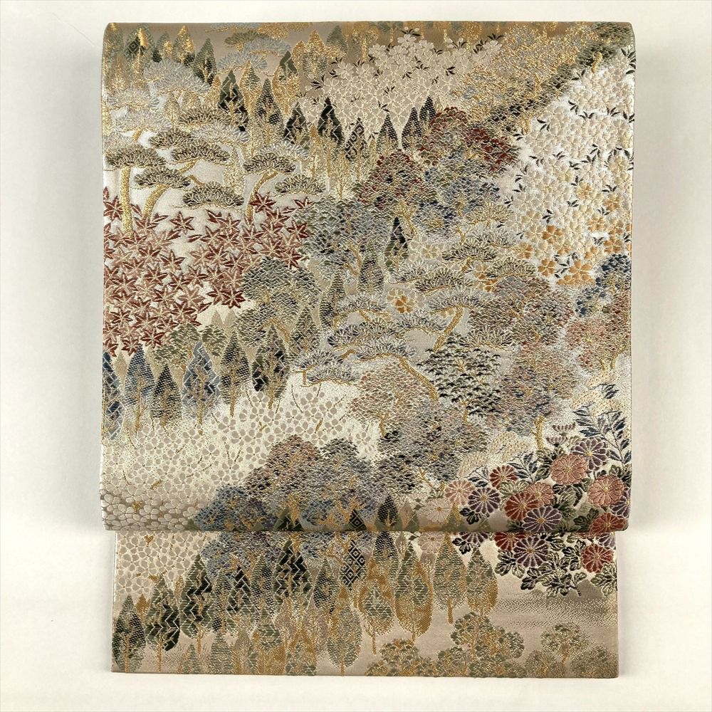中古）袋帯 金色 フォーマル 六通 織り引き箔 色糸 四季花 山の景色