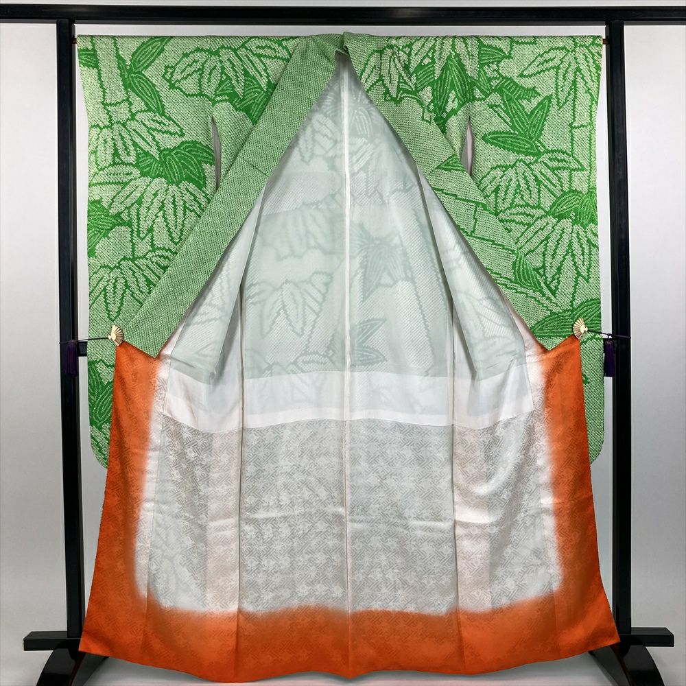 中古） 振袖 緑 フォーマル 絞り染め 竹に笹の葉 袷【身丈】160cm【裄