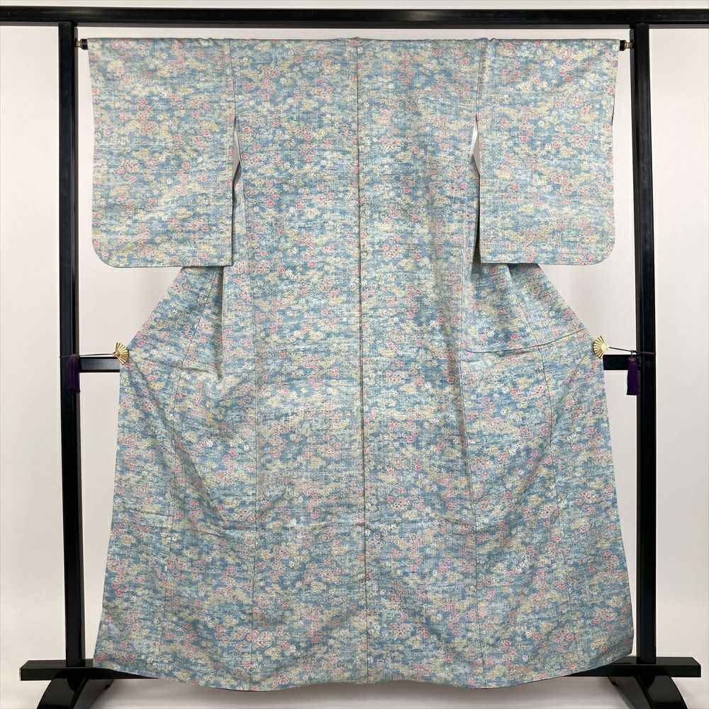 中古） 紬 水色 カジュアル 小千谷紬 花葉柄 袷【身丈】156cm【裄丈
