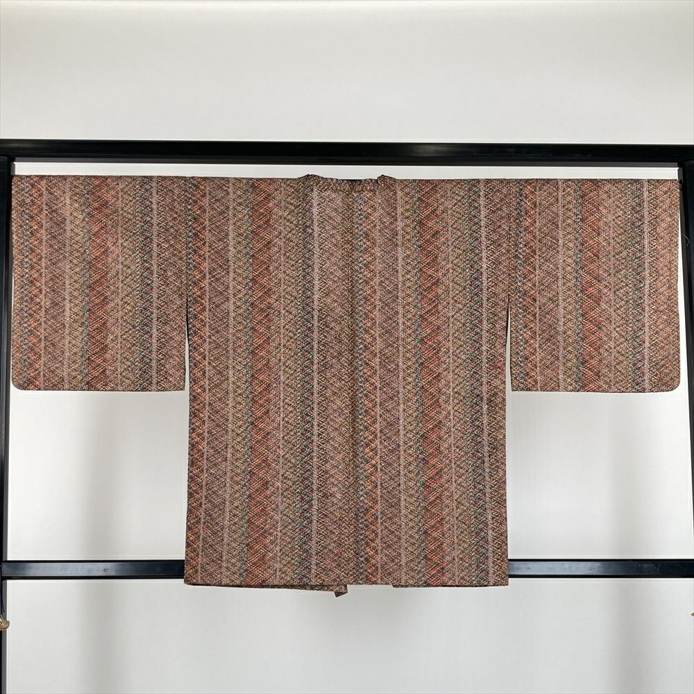 中古) 道行 茶 カジュアル 組織り 縞に斜め格子 夏【身丈】79cm 中古) 道行 茶 カジュアル 組織り 縞に斜め格子 夏【身丈】79cm