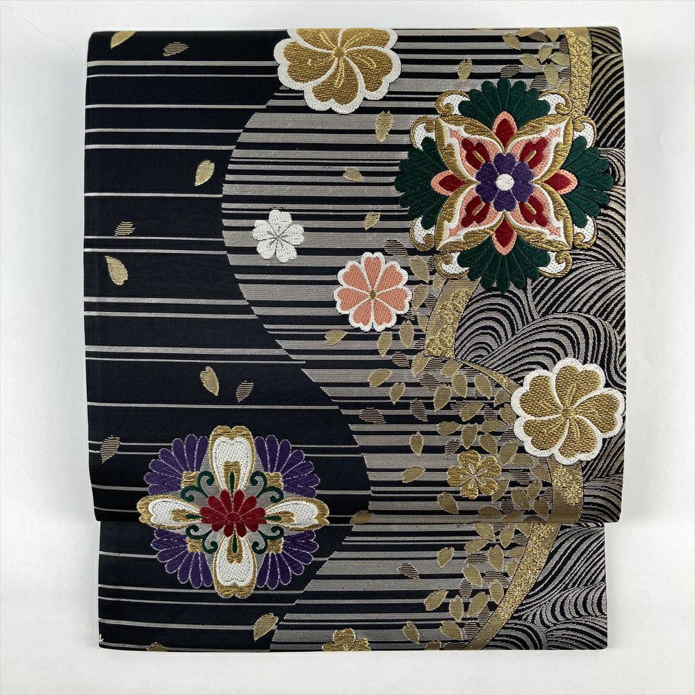 中古）振袖用袋帯 黒色 フォーマル 六通 織り 引き箔 金糸 色糸 華文