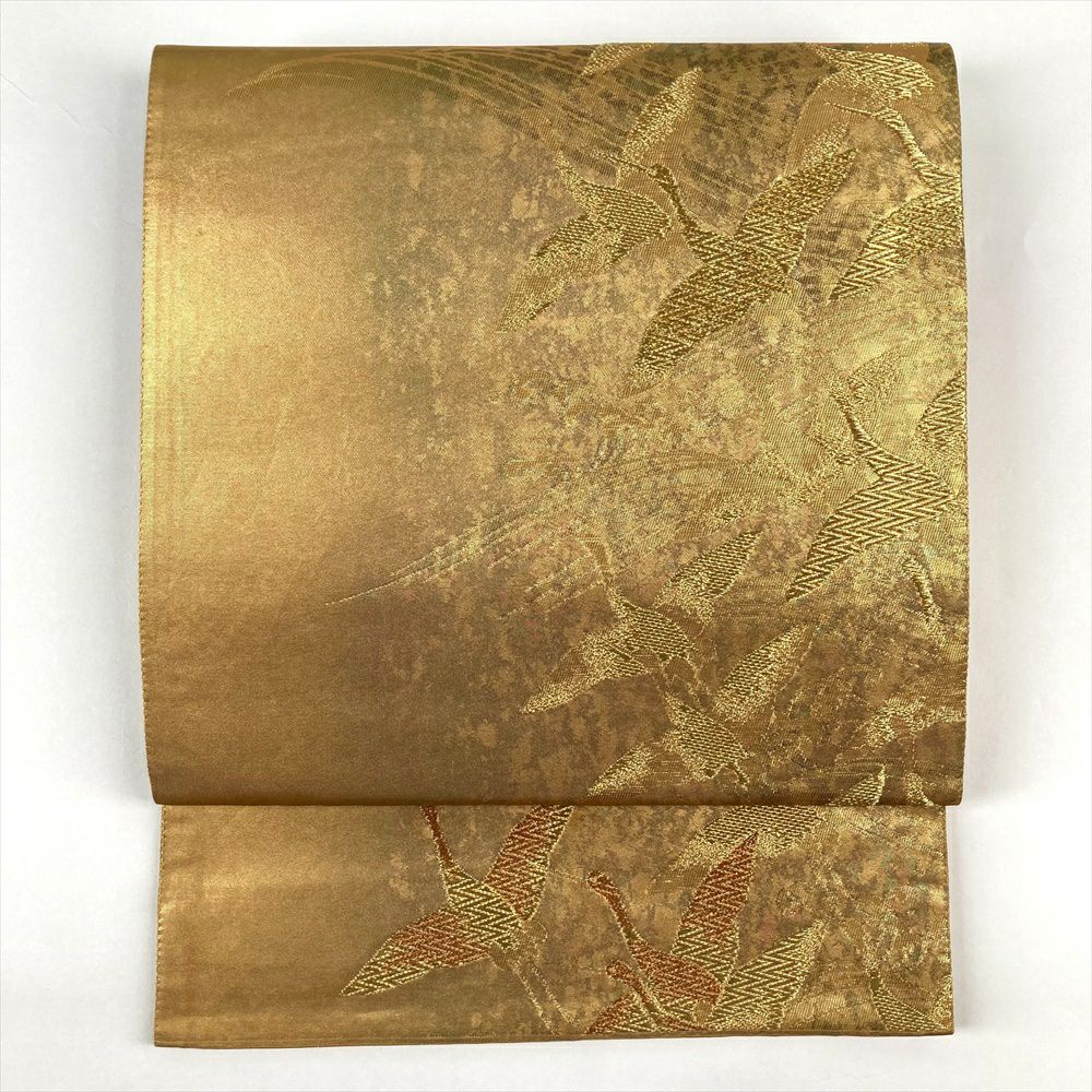 【美品】袋帯 六通 霞ニ重ね菱 引箔 金箔 金糸 中古）袋帯 金色 フォーマル 六通 織り 引き箔 金糸 琳派 鶴