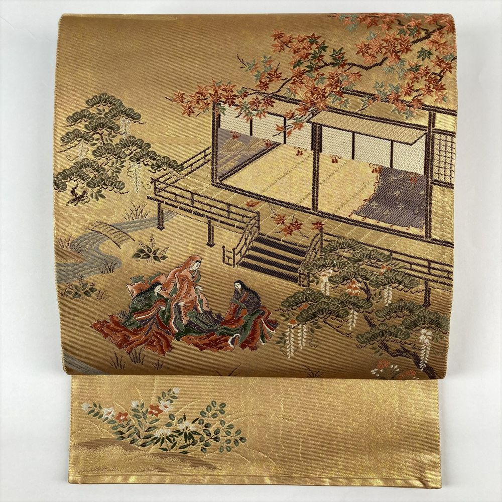 中古）袋帯 金色 フォーマル 六通 織り引き箔 平安絵巻 四季花 庭園 姫
