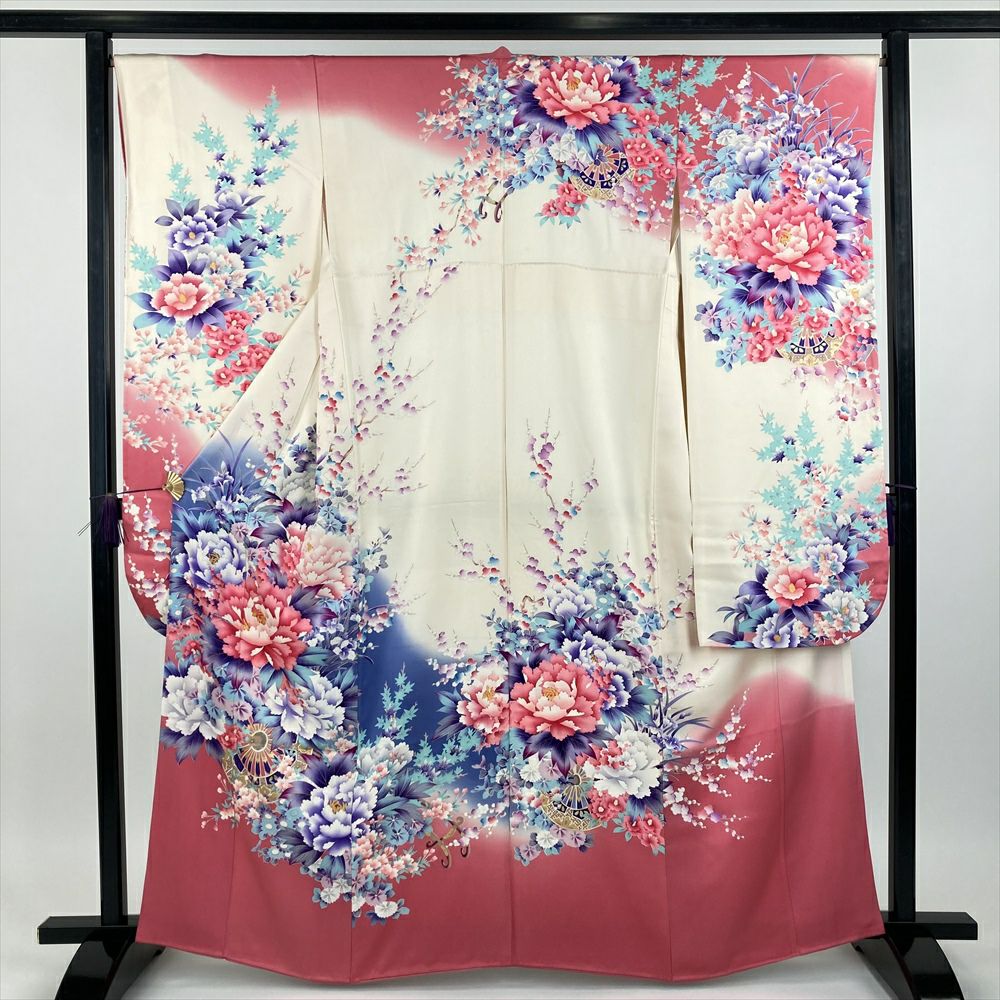 中古） 振袖 ローズピンク 生成り フォーマル 染め 金彩 牡丹 袷【身丈