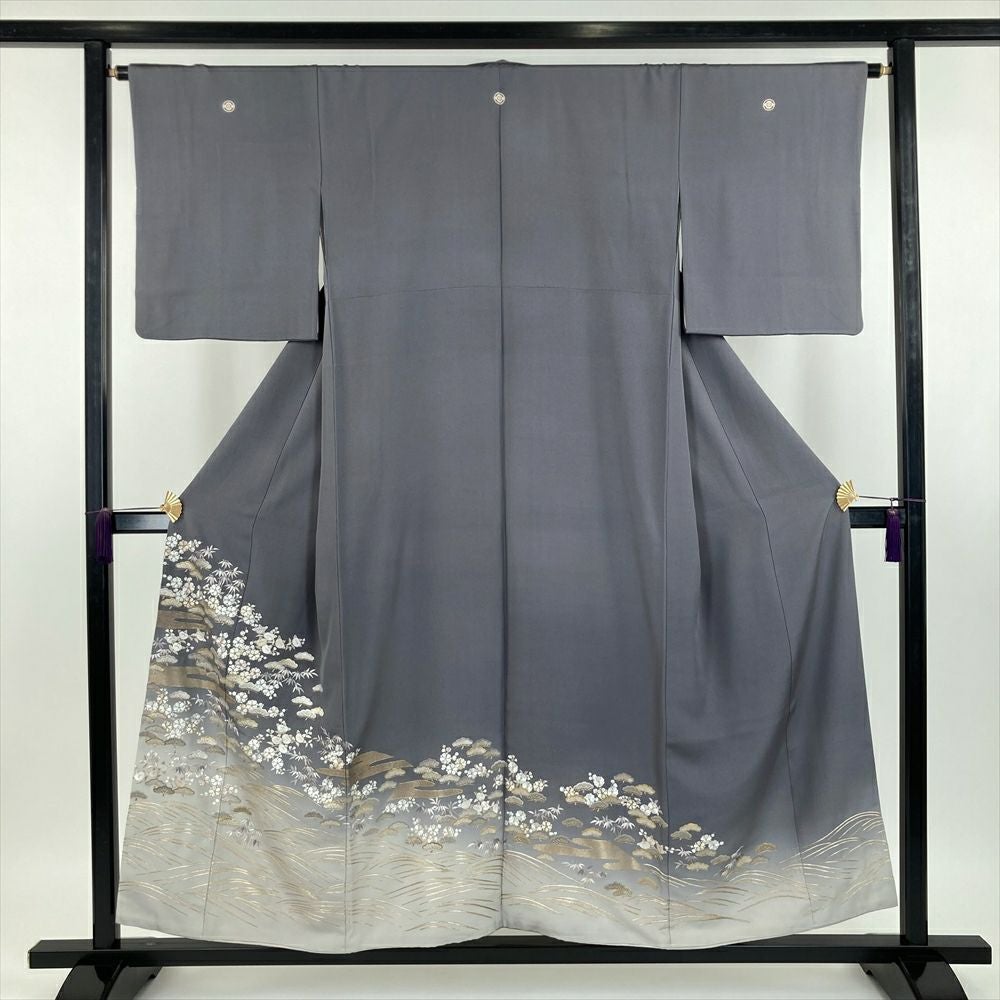 中古） 色留袖 灰色 グレー フォーマル ちりめん 染め 刺繍 松竹梅 袷