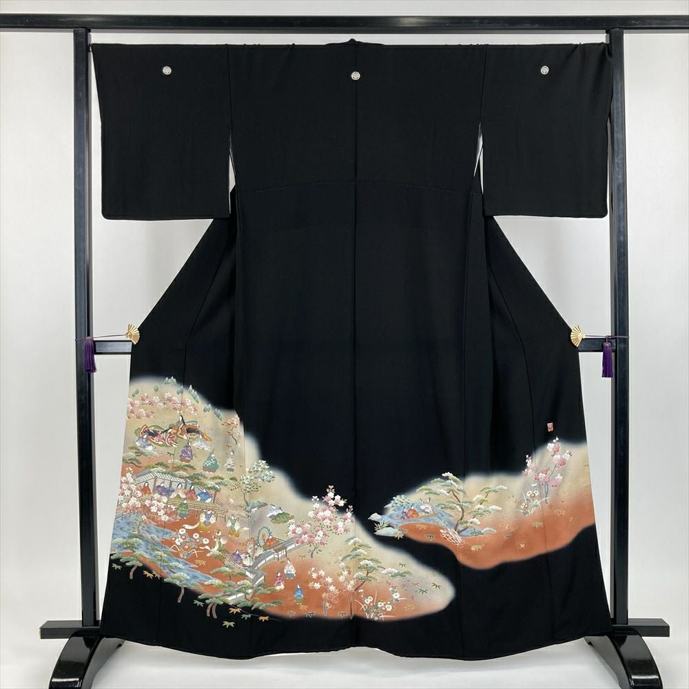 中古）黒留袖 黒 フォーマル 金駒刺繍 金彩 大名行列図 五つ紋 落款 袷