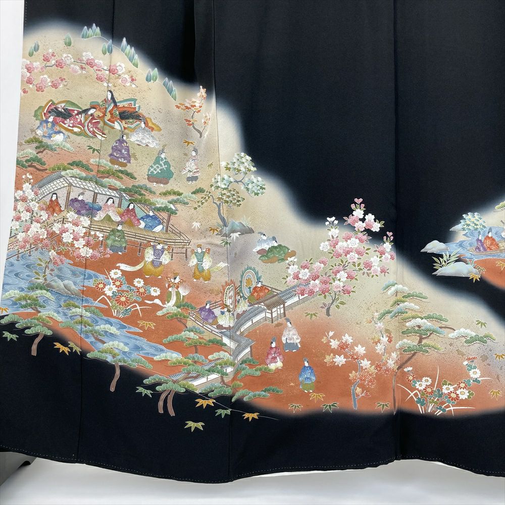 中古） 黒留袖 黒色 フォーマル ちりめん 金糸 平安絵巻 袷 【身丈