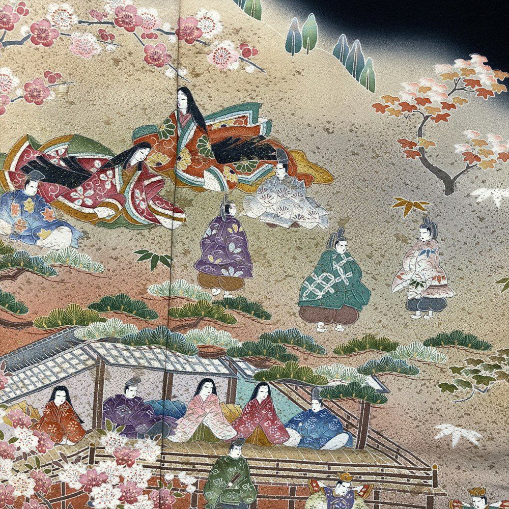 中古） 黒留袖 黒色 フォーマル ちりめん 金糸 平安絵巻 袷 【身丈