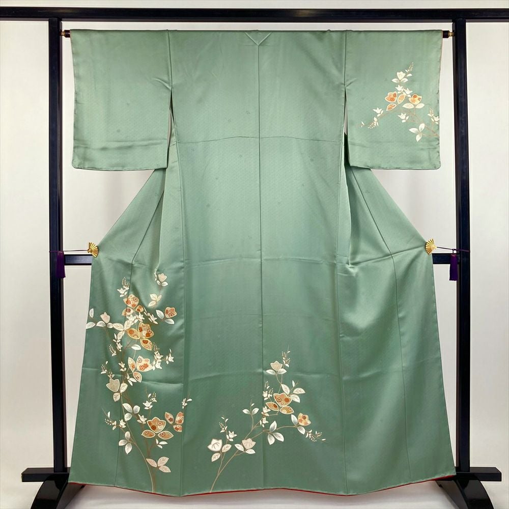 訪問着(単衣)　(波に四季の花文様　螺鈿細工　金彩加工　グリーン色系) 訪問着(単衣) (波に四季の花文様 螺鈿細工 金彩加工 グリーン色系