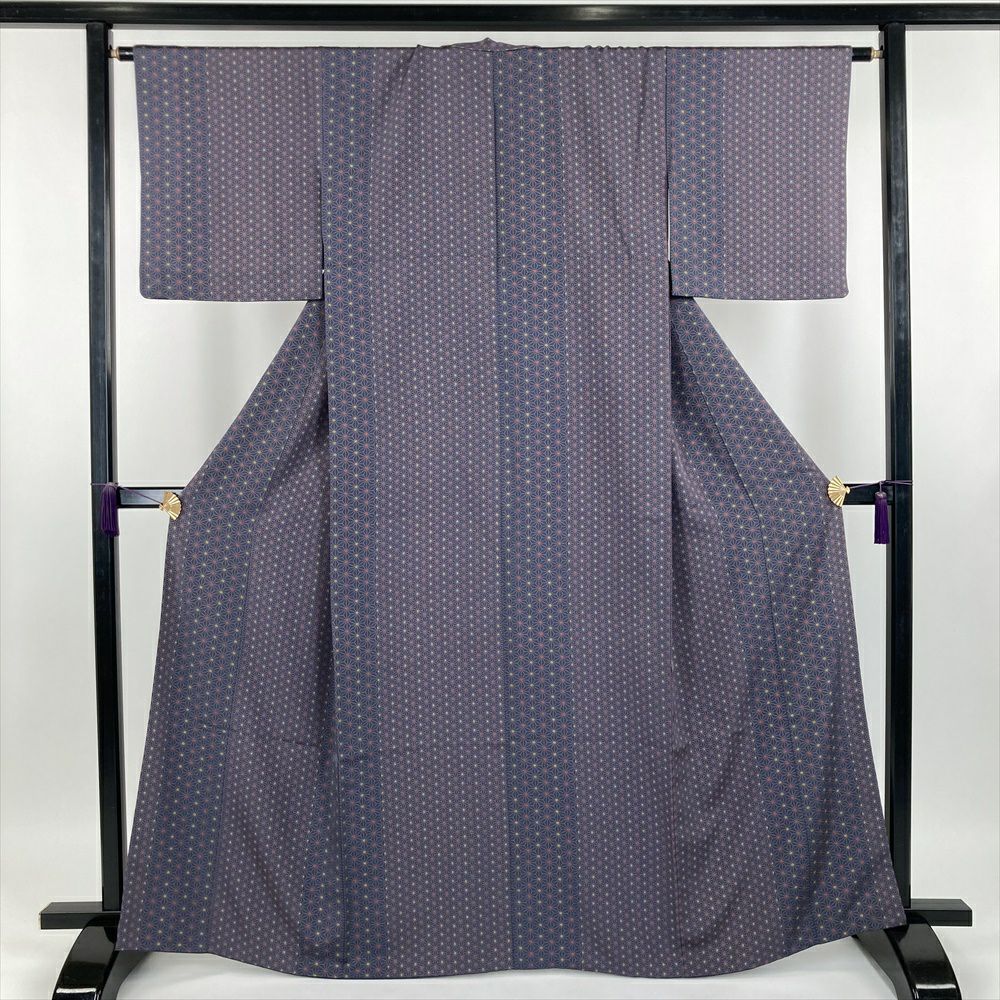 中古） 小紋 ブルーグレー カジュアル ちりめん 染め 麻の葉 袷 【身丈