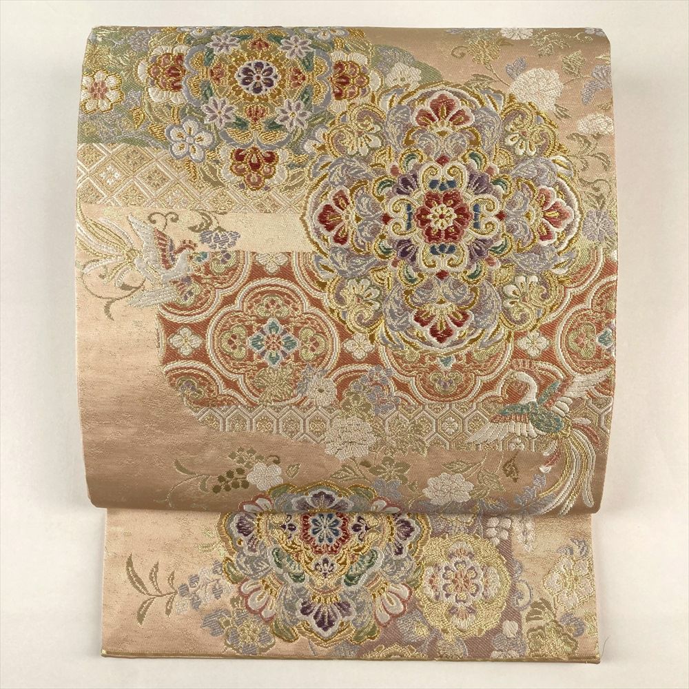 中古）袋帯 金 フォーマル 六通 金糸 市松地 宝華文 向い蝶文 松 蔓花