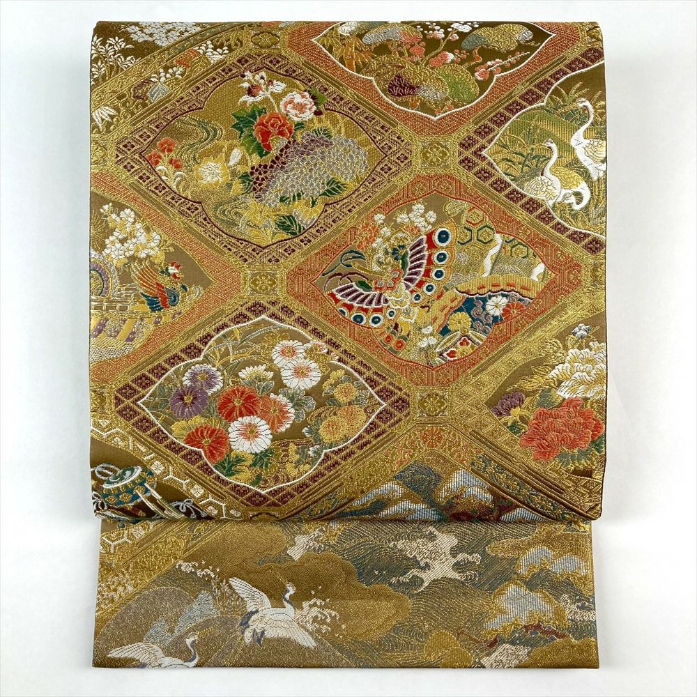 中古）袋帯 金 フォーマル 六通 金糸 色糸 辻が花 絹