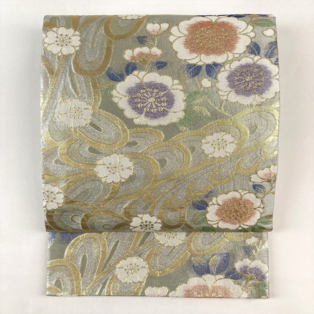 中古）振袖用袋帯 黒 金 フォーマル 六通 引き箔 雪輪鶴芝 桜 絹