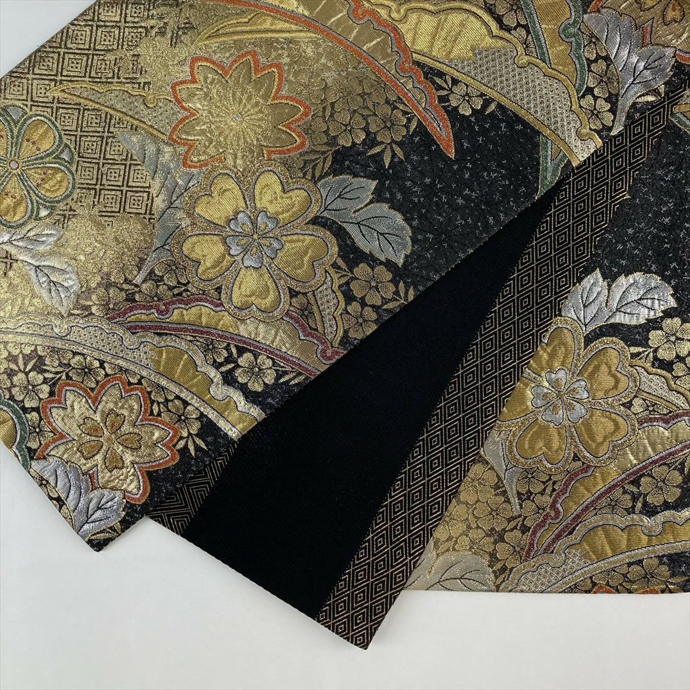 袋帯 振袖用 雪輪に桜模様 灰色ｘ金色ｘ多色 金糸 六通柄 正絹 フォーマル 仕立て上がり 長さ440cm 【キモノオフ野々市若松店】 cocoroad_ki4984ab
