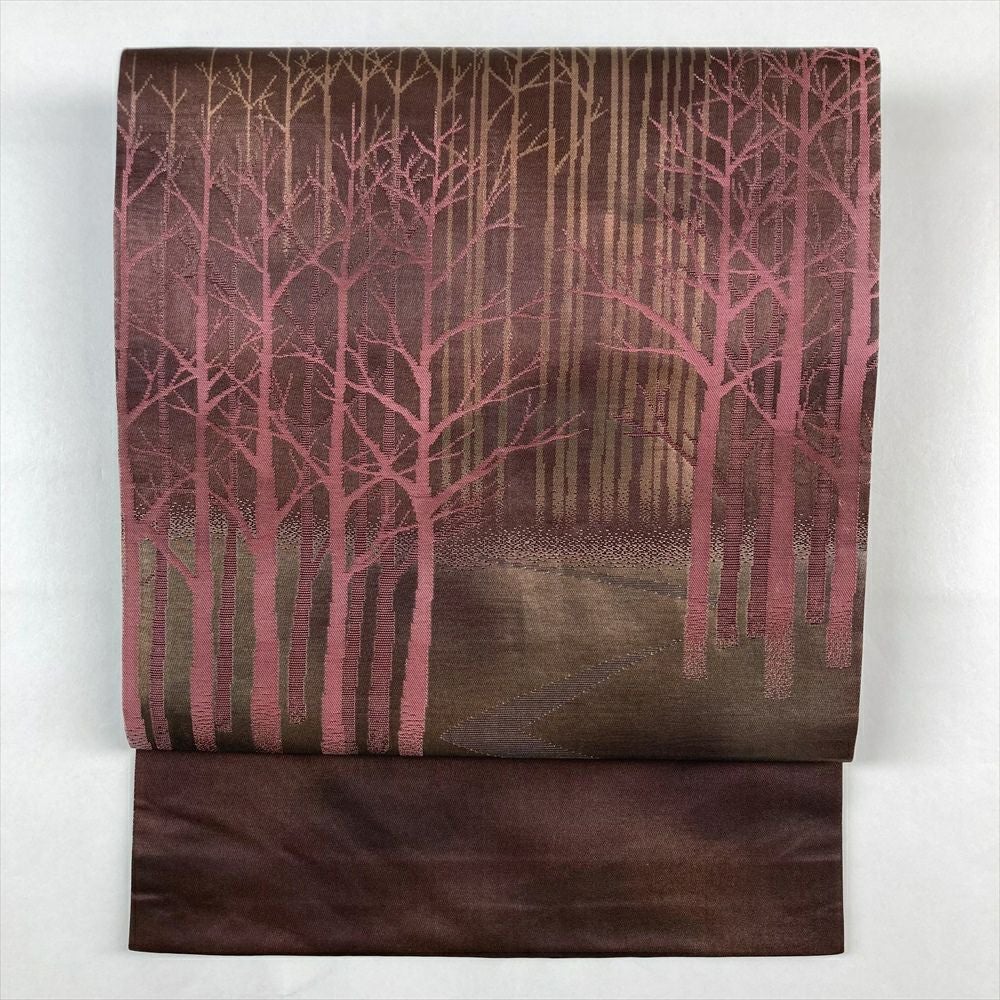 中古）名古屋帯 濃紫色 カジュアル 名古屋仕立て 塩瀬 染め 金彩 遠山