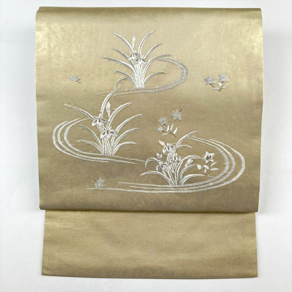 中古）名古屋帯 薄花桜色 水色 カジュアル 名古屋仕立て 引き箔 抽象柄 絹