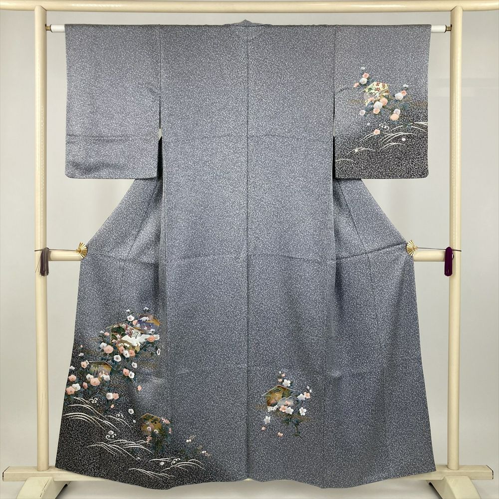 中古） 訪問着 灰青 セミフォーマル 草花文様 袷 絹 【身丈】157.5cm